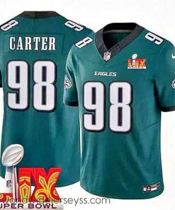Marvelously styled Philadelphia Eagles Jalen Carter #98 Green 2024 2025 Super Bowl LIX F.U.S.E Stitched NFL Jersey