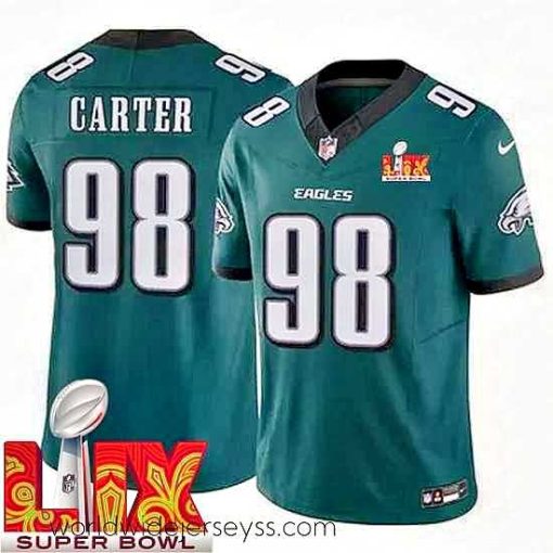 Marvelously styled Philadelphia Eagles Jalen Carter #98 Green 2024 2025 Super Bowl LIX F.U.S.E Stitched NFL Jersey