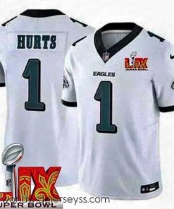 Marvelously styled Philadelphia Eagles Jalen Hurts #1 White 2024 2025 Super Bowl LIX F.U.S.E Stitched NFL Jersey