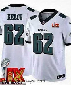 Marvelously styled Philadelphia Eagles Jason Kelce #62 White 2024 2025 Super Bowl LIX F.U.S.E Stitched NFL Jersey