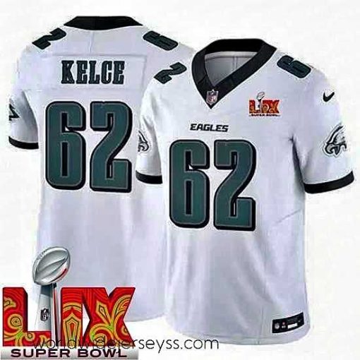 Marvelously styled Philadelphia Eagles Jason Kelce #62 White 2024 2025 Super Bowl LIX F.U.S.E Stitched NFL Jersey