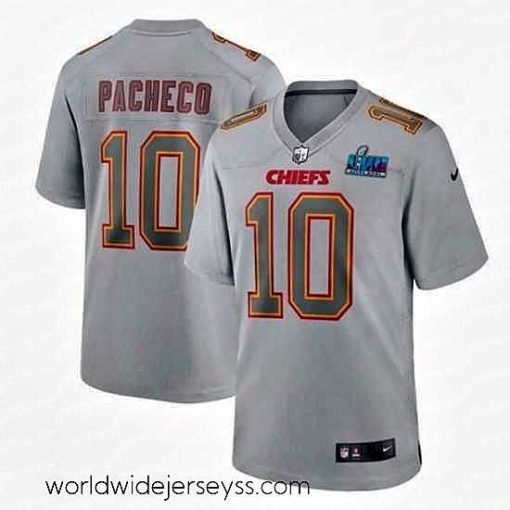 Superbly made Toddler Kansas City Chiefs 10 Isiah Pacheco Grey Super Bowl LVII Patch Atmosphere Fashion Stitched Game Jersey