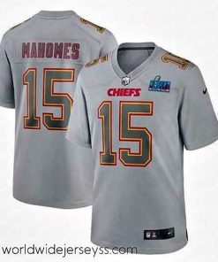 Exquisitely designed Toddler Kansas City Chiefs 15 Patrick Mahomes Grey Super Bowl LVII Patch Atmosphere Fashion Stitched Game Jersey