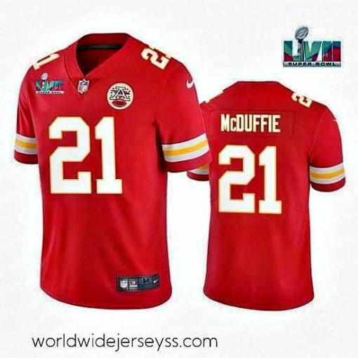 Exquisitely designed Toddler Kansas City Chiefs 21 Trent McDuffie Red Super Bowl LVII Patch Vapor Untouchable Limited Stitched Jersey
