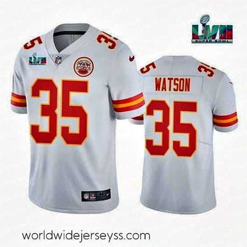 Superbly made Toddler Kansas City Chiefs 35 Jaylen Watson White Super Bowl LVII Patch Vapor Untouchable Limited Stitched Jersey