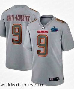 Exquisitely designed Toddler Kansas City Chiefs 9 JuJu Smith Schuster Grey Super Bowl LVII Patch Atmosphere Fashion Stitched Game Jersey