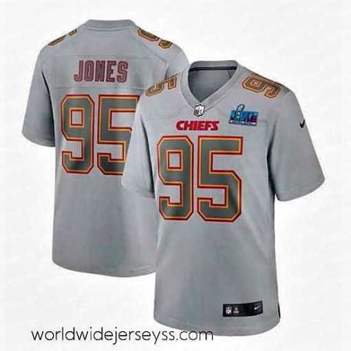 Marvelously styled Toddler Kansas City Chiefs 95 Chris Jones Grey Super Bowl LVII Patch Atmosphere Fashion Stitched Game Jersey