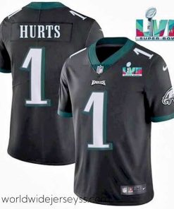 Exquisitely designed Toddler Philadelphia Eagles 1 Jalen Hurts Black Super Bowl LVII Patch Vapor Untouchable Limited Stitched Jersey