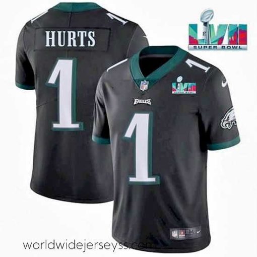 Exquisitely designed Toddler Philadelphia Eagles 1 Jalen Hurts Black Super Bowl LVII Patch Vapor Untouchable Limited Stitched Jersey