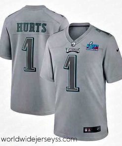 Finely crafted Toddler Philadelphia Eagles 1 Jalen Hurts Grey Super Bowl LVII Patch Atmosphere Fashion Stitched Game Jersey