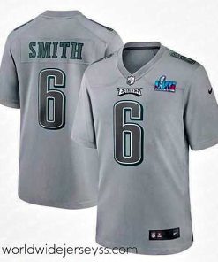 Exceptionally fashioned Toddler Philadelphia Eagles 6 DeVonta Smith Grey Super Bowl LVII Patch Atmosphere Fashion Stitched Game Jersey