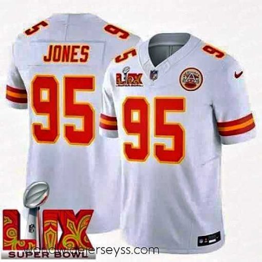 Exquisitely designed Kansas City Chiefs Chris Jones #95 White 2024 2025 Super Bowl LIX F.U.S.E Stitched Jersey