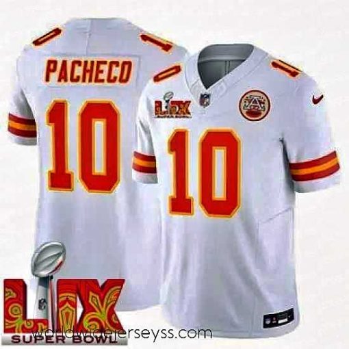 Exceptionally fashioned Kansas City Chiefs Isiah Pacheco #10 White 2024 2025 Super Bowl LIX F.U.S.E Stitched Jersey