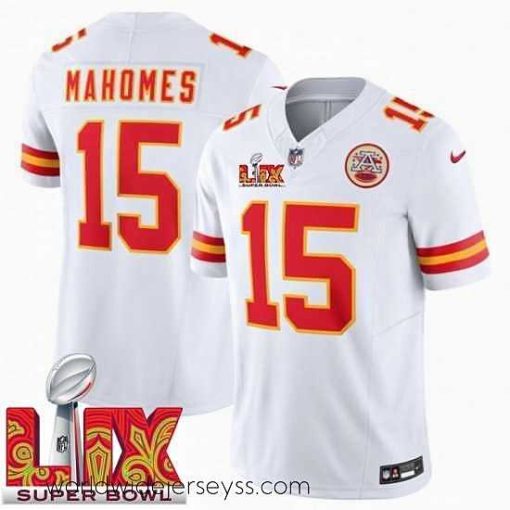 Exceptionally fashioned Kansas City Chiefs Patrick Mahomes #15 White 2024 2025 Super Bowl LIX F.U.S.E Stitched Jersey