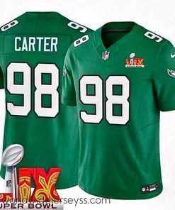 Exquisitely designed Philadelphia Eagles Jalen Carter #98 Kelly Green 2024 2025 Super Bowl LIX F.U.S.E Stitched NFL Jersey
