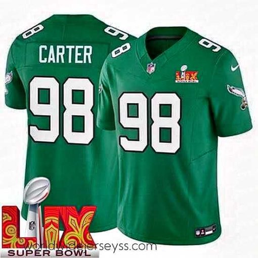 Exquisitely designed Philadelphia Eagles Jalen Carter #98 Kelly Green 2024 2025 Super Bowl LIX F.U.S.E Stitched NFL Jersey
