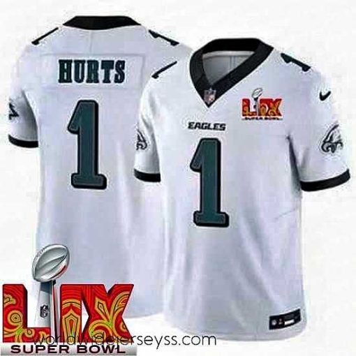 Finely crafted Philadelphia Eagles Jalen Hurts #1 White 2024 2025 Super Bowl LIX F.U.S.E Stitched NFL Jersey